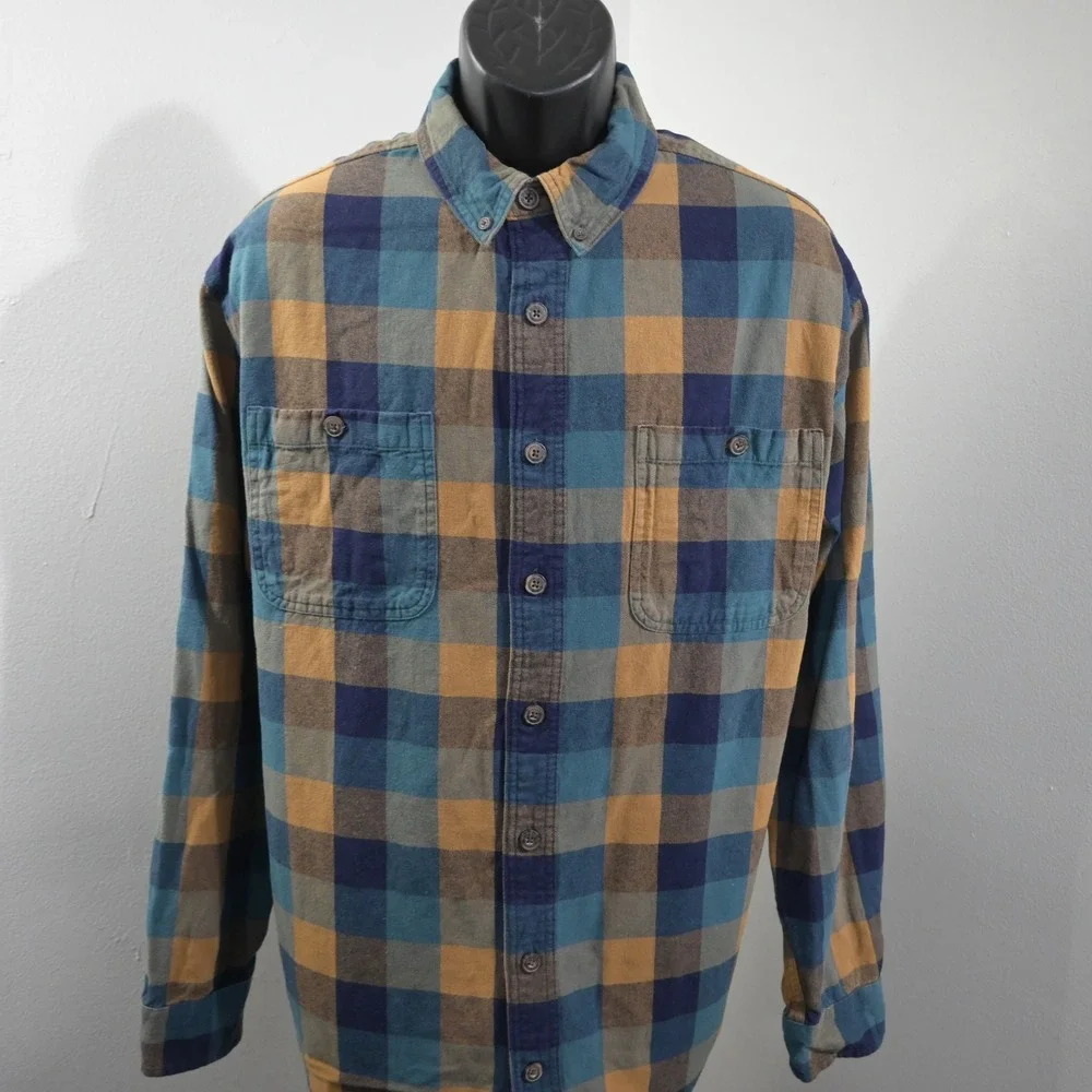 Duluth Trading Co Flannel Button Up Mens XL Tall Relaxed Fit Blue Gold Plaid